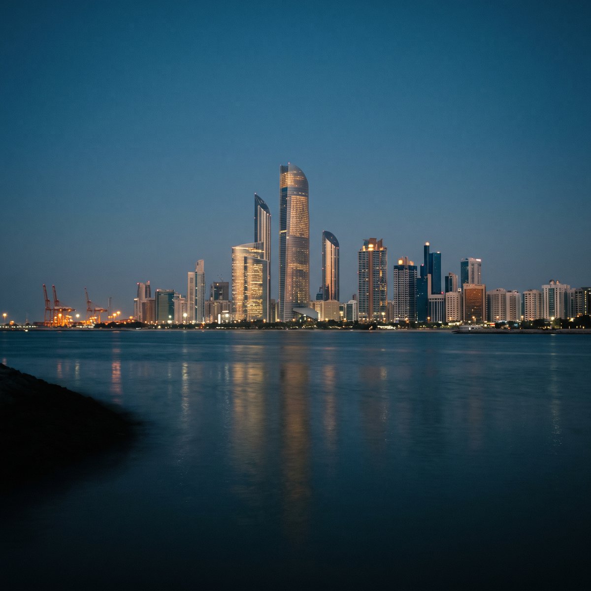 Abu Dhabi skyline across the water at blue hour