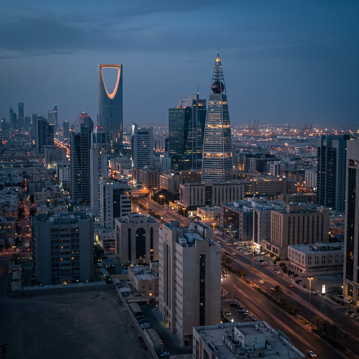 Riyadh business district towers at blue hour