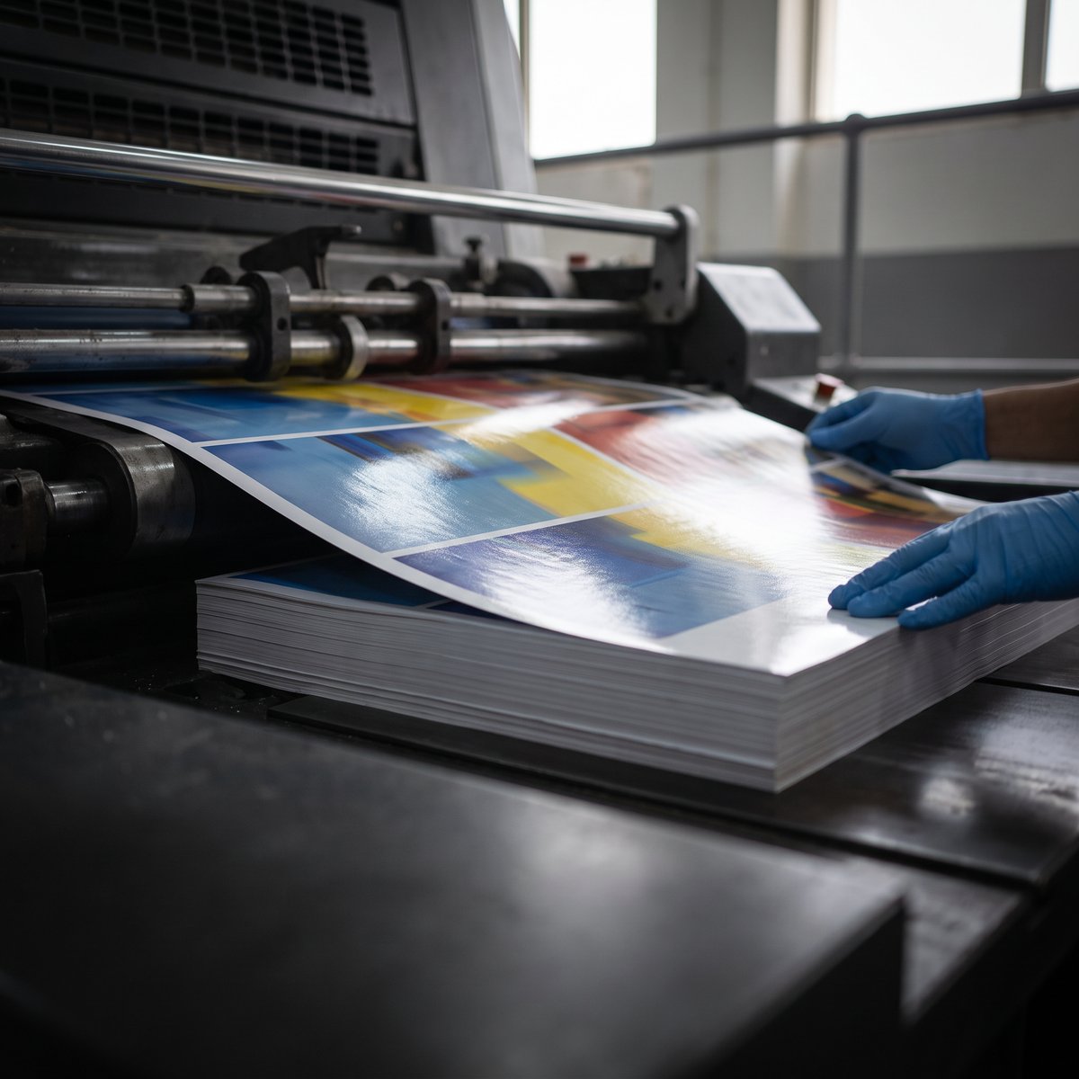 Freshly printed and coated sheet leaving a printing press