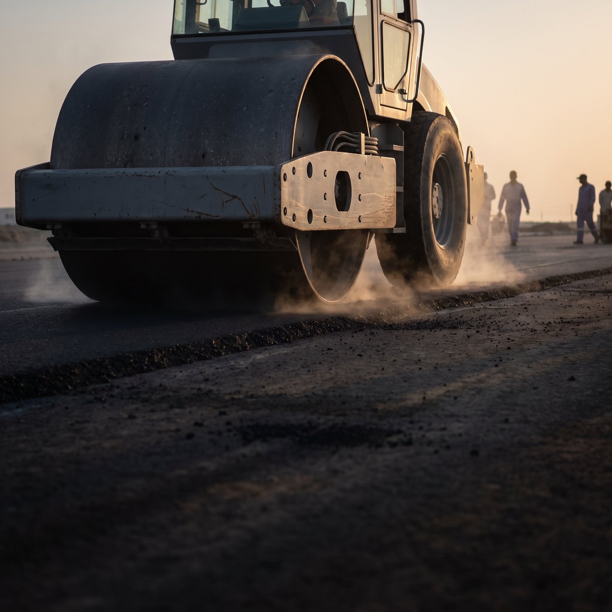 Roller compacting fresh asphalt at dusk